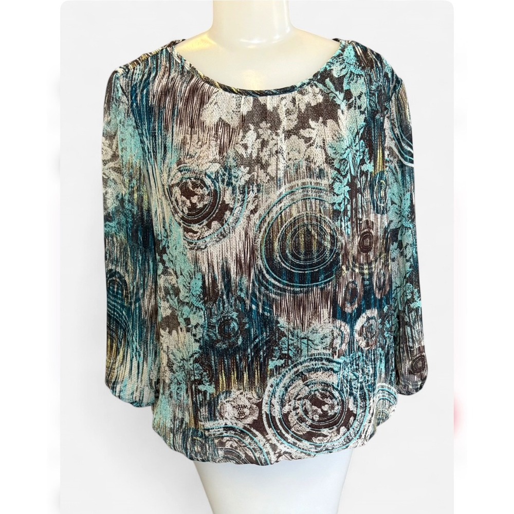 Christopher & Banks Blouse Teal Brown Abstract Print Boho Lined Top  Medium